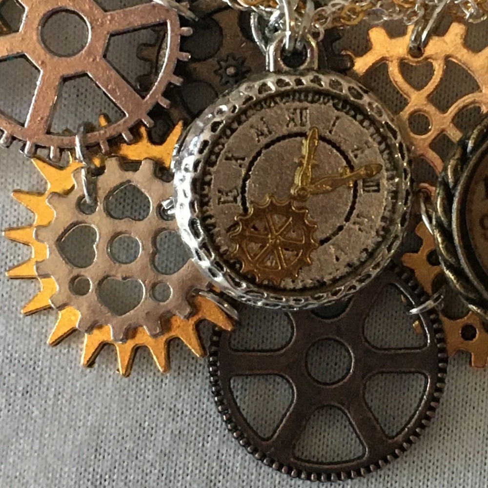 SOLD—Steampunk Handmade Steamer Mixed Metal Bib Necklace with Gears, Clocks - Picture 5 of 16